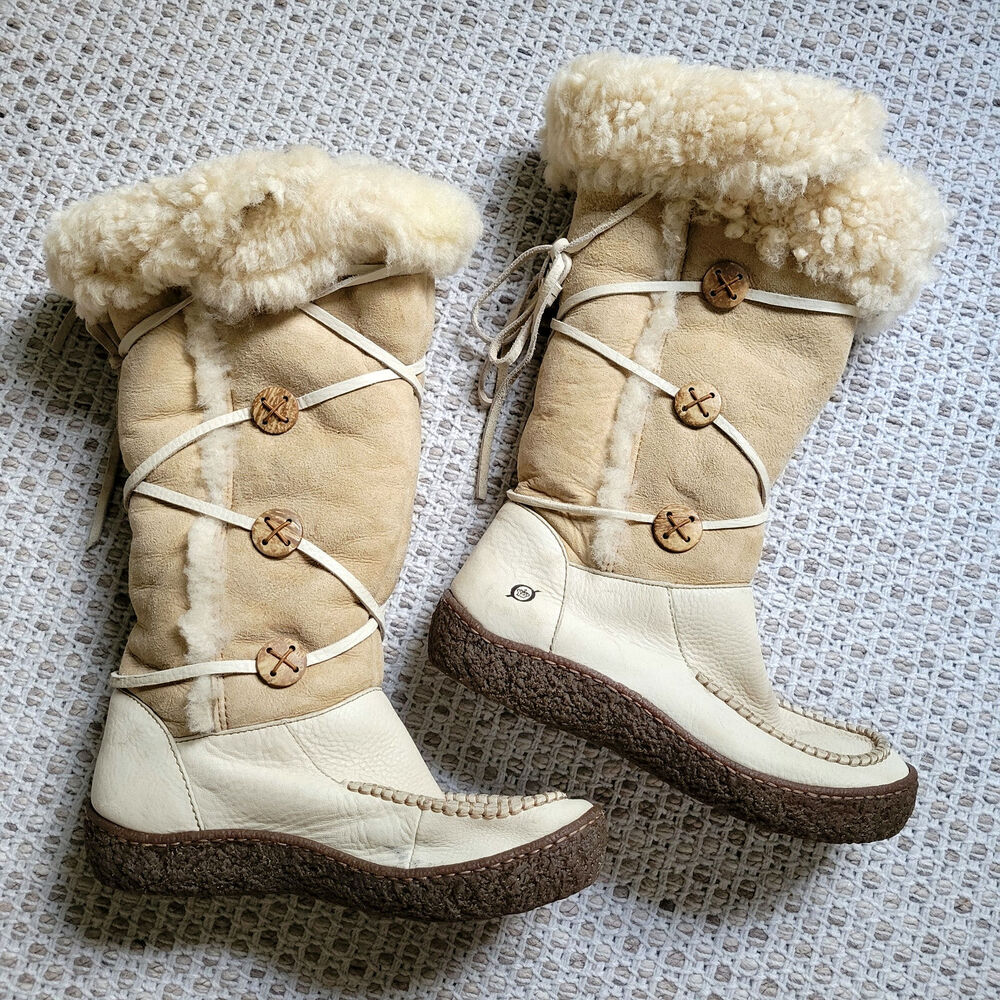 Born Womens 9 Boots Cream and Tan Tall Moccasin Shearling Fur Leather Suede